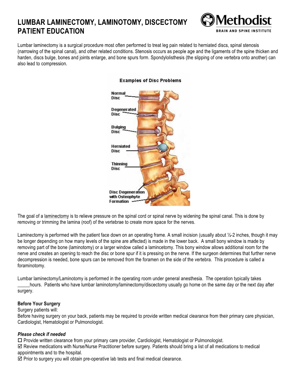 Lumbar Laminectomy, Laminotomy, Discectomy Patient Education