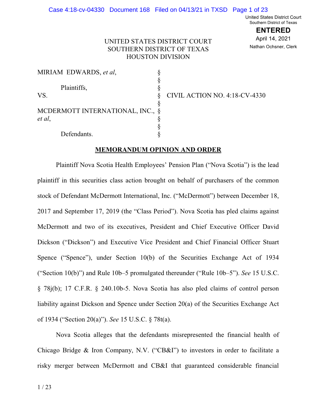 Miriam Edwards, Et Al. V. Mcdermott International, Inc., Et Al. 18-CV