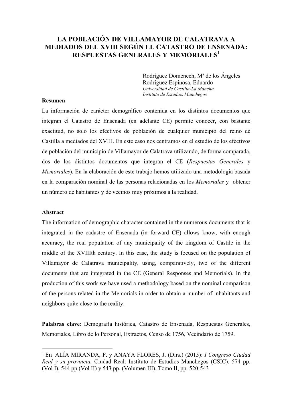 La Población De Villamayor De Calatrava a Mediados Del Xviii Según El Catastro De Ensenada: Respuestas Generales Y Memoriales1
