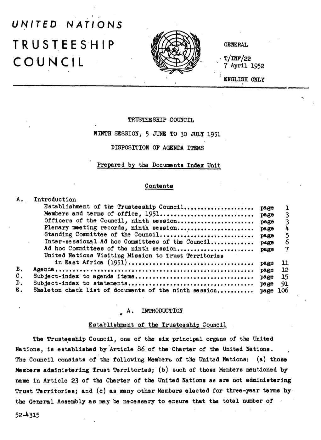 To Proceedings of the Trusteeship Council, 9Th Session, 1951