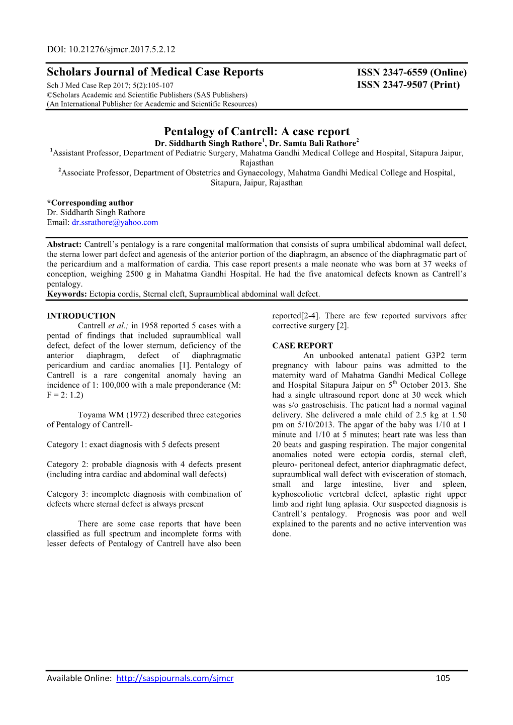 Scholars Journal of Medical Case Reports Pentalogy of Cantrell