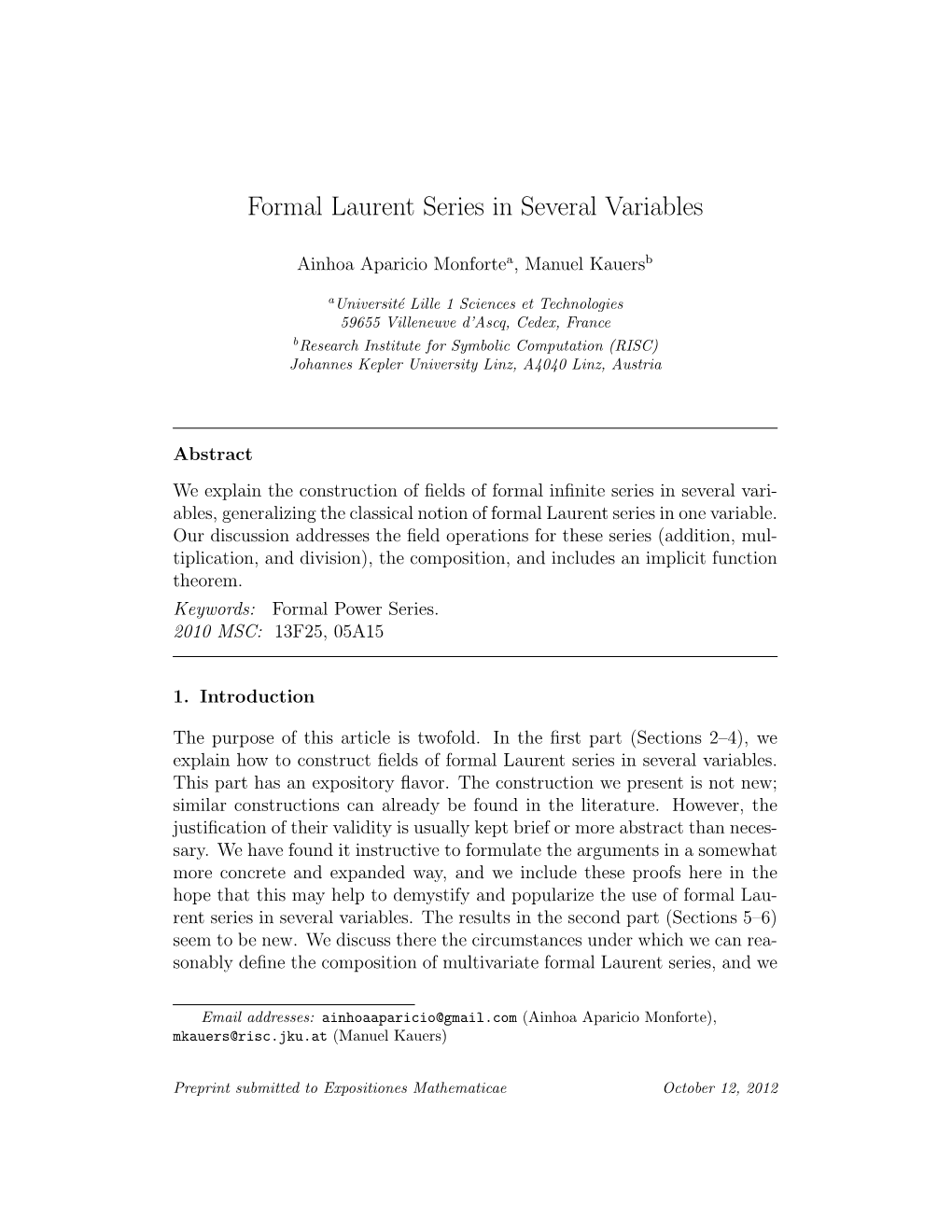 Formal Laurent Series in Several Variables