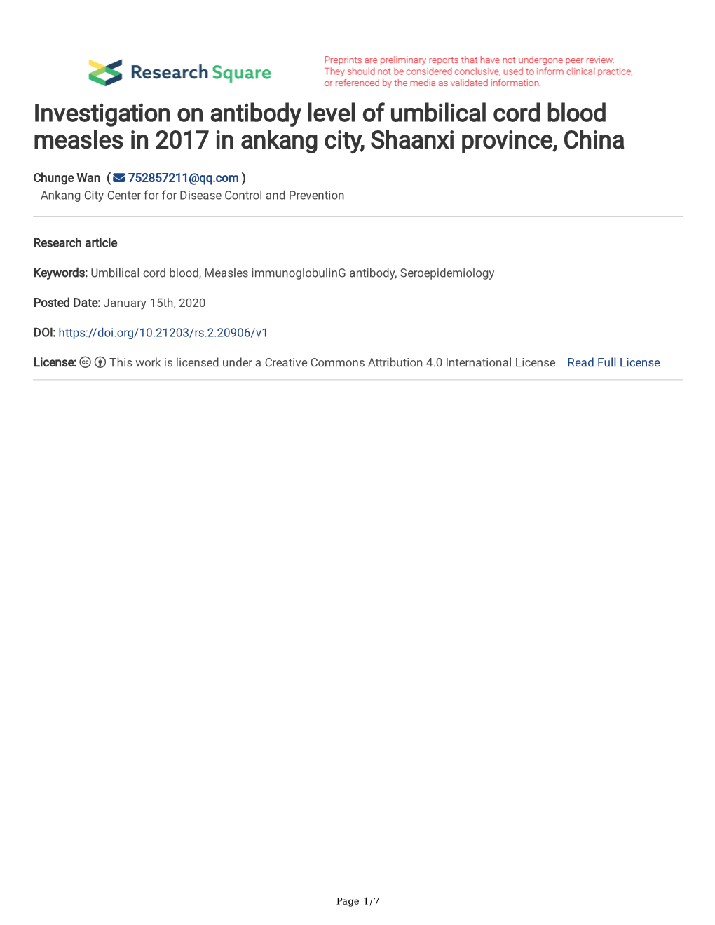 Investigation on Antibody Level of Umbilical Cord Blood Measles in 2017 in Ankang City, Shaanxi Province, China
