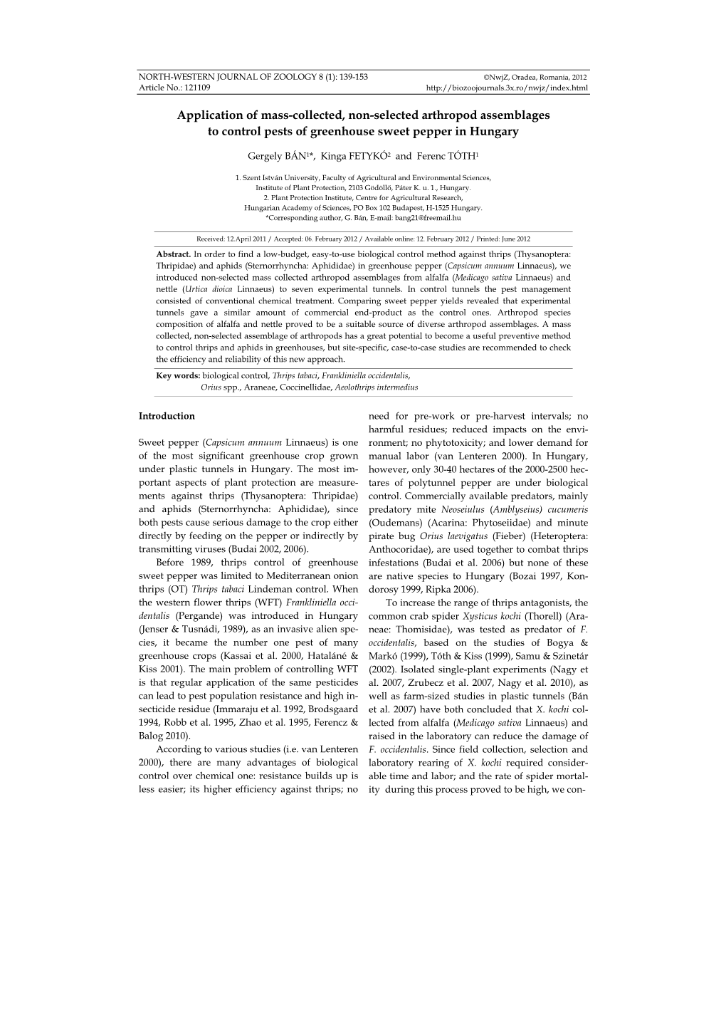 Application of Mass-Collected, Non-Selected Arthropod Assemblages to Control Pests of Greenhouse Sweet Pepper in Hungary