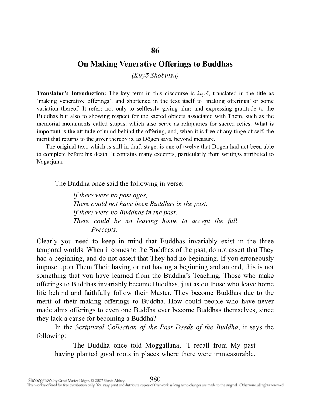 86 on Making Venerative Offerings to Buddhas (Kuyō Shobutsu)