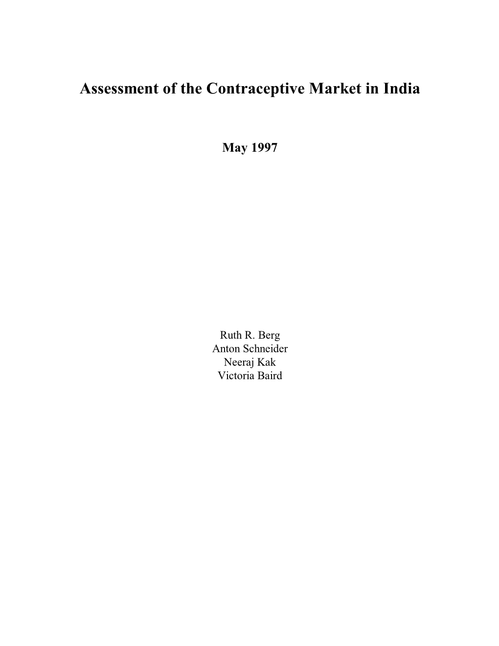 Assessment of the Contraceptive Market in India
