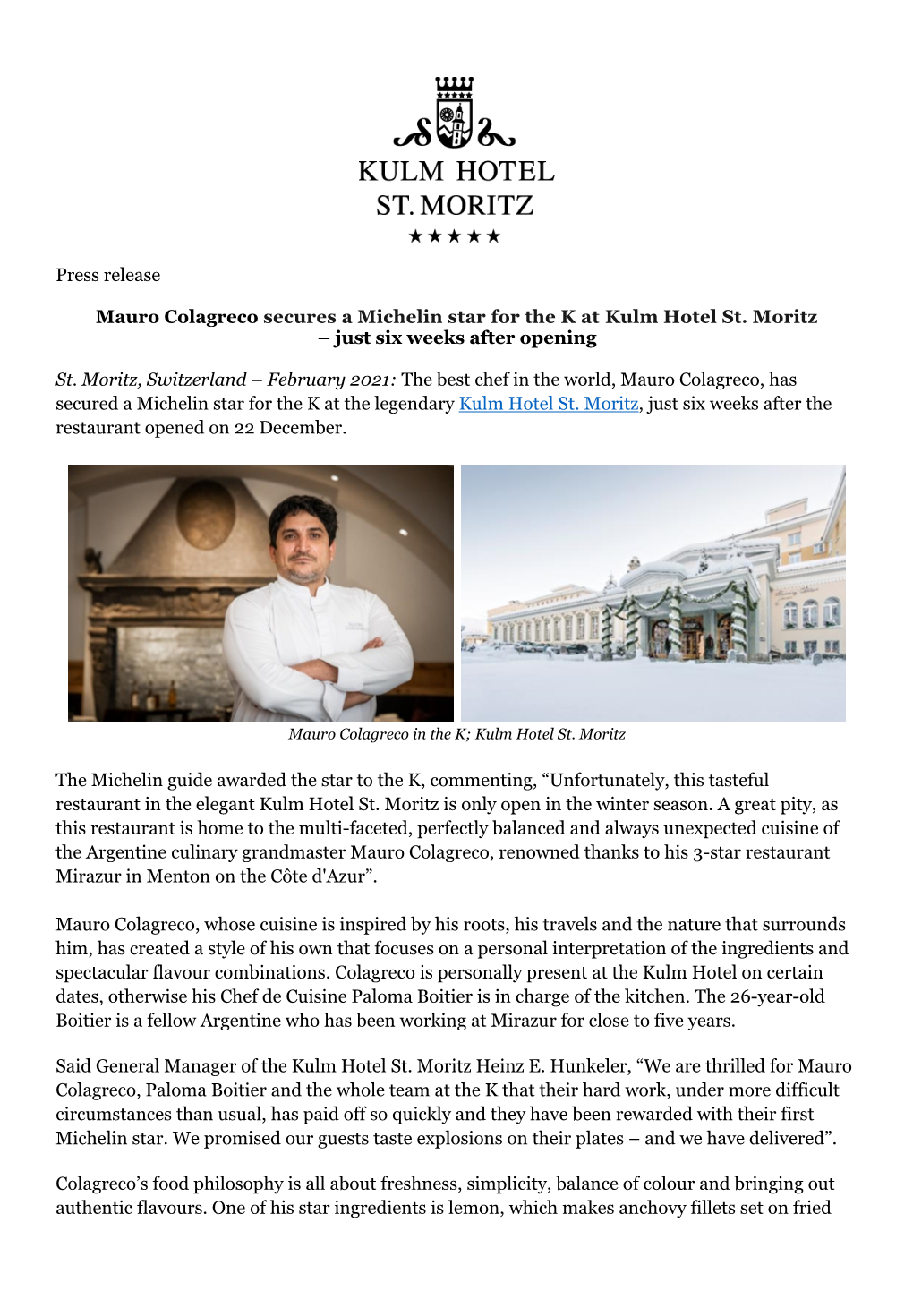 Press Release Mauro Colagreco Secures a Michelin Star for the K At