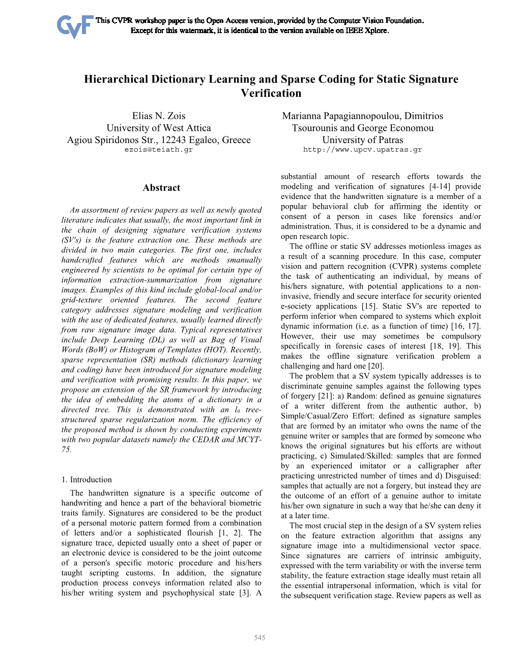 Hierarchical Dictionary Learning and Sparse Coding for Static Signature Verification