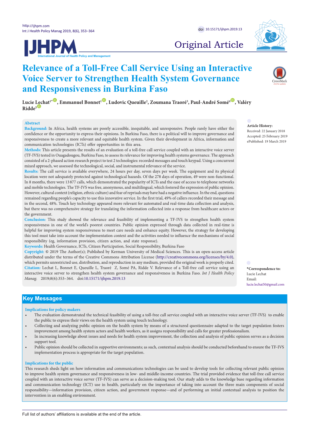 Relevance of a Toll-Free Call Service Using an Interactive Voice Server to Strengthen Health System Governance and Responsiveness in Burkina Faso