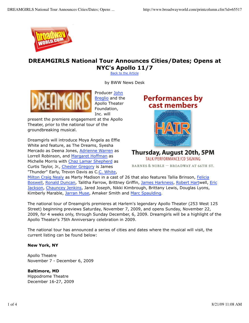 DREAMGIRLS National Tour Announces Cities/Dates; Opens