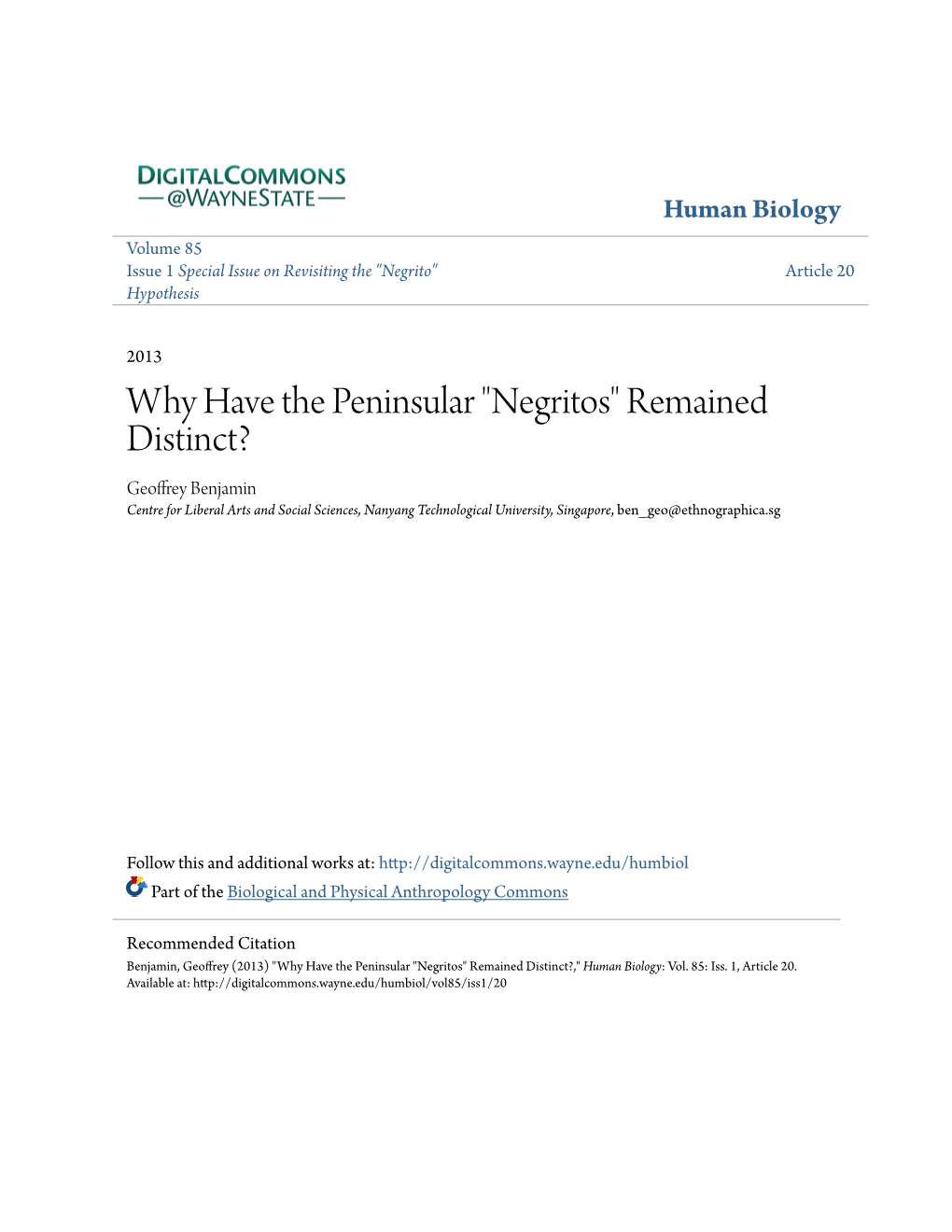 Negritos" Remained Distinct? Geoffrey Benjamin Centre for Liberal Arts and Social Sciences, Nanyang Technological University, Singapore, Ben Geo@Ethnographica.Sg