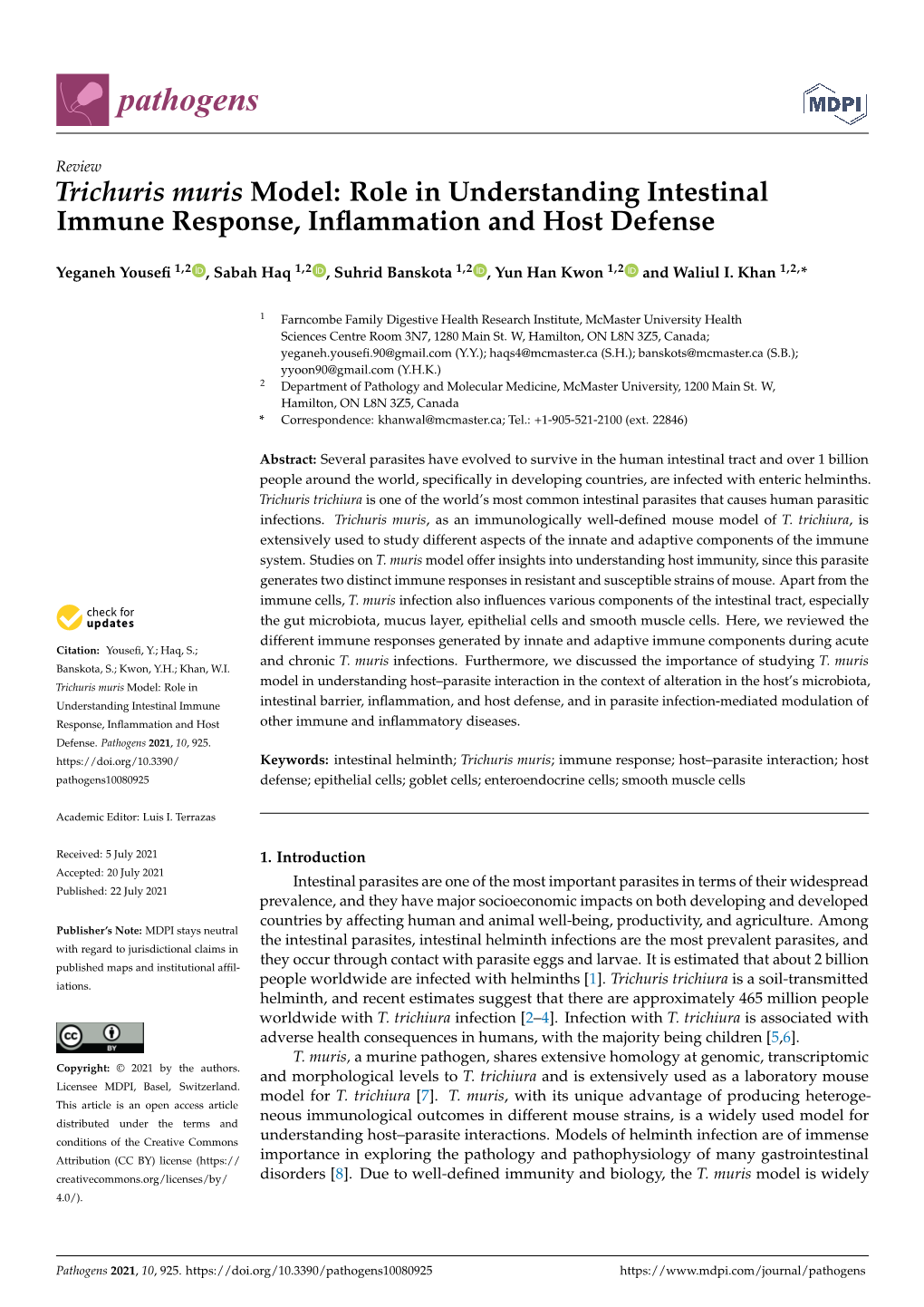 Trichuris Muris Model: Role in Understanding Intestinal Immune Response, Inflammation and Host Defense