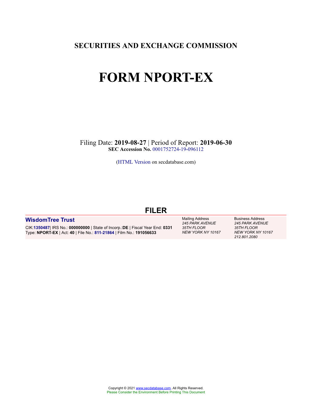 Wisdomtree Trust Form NPORT-EX Filed 2019-08-27