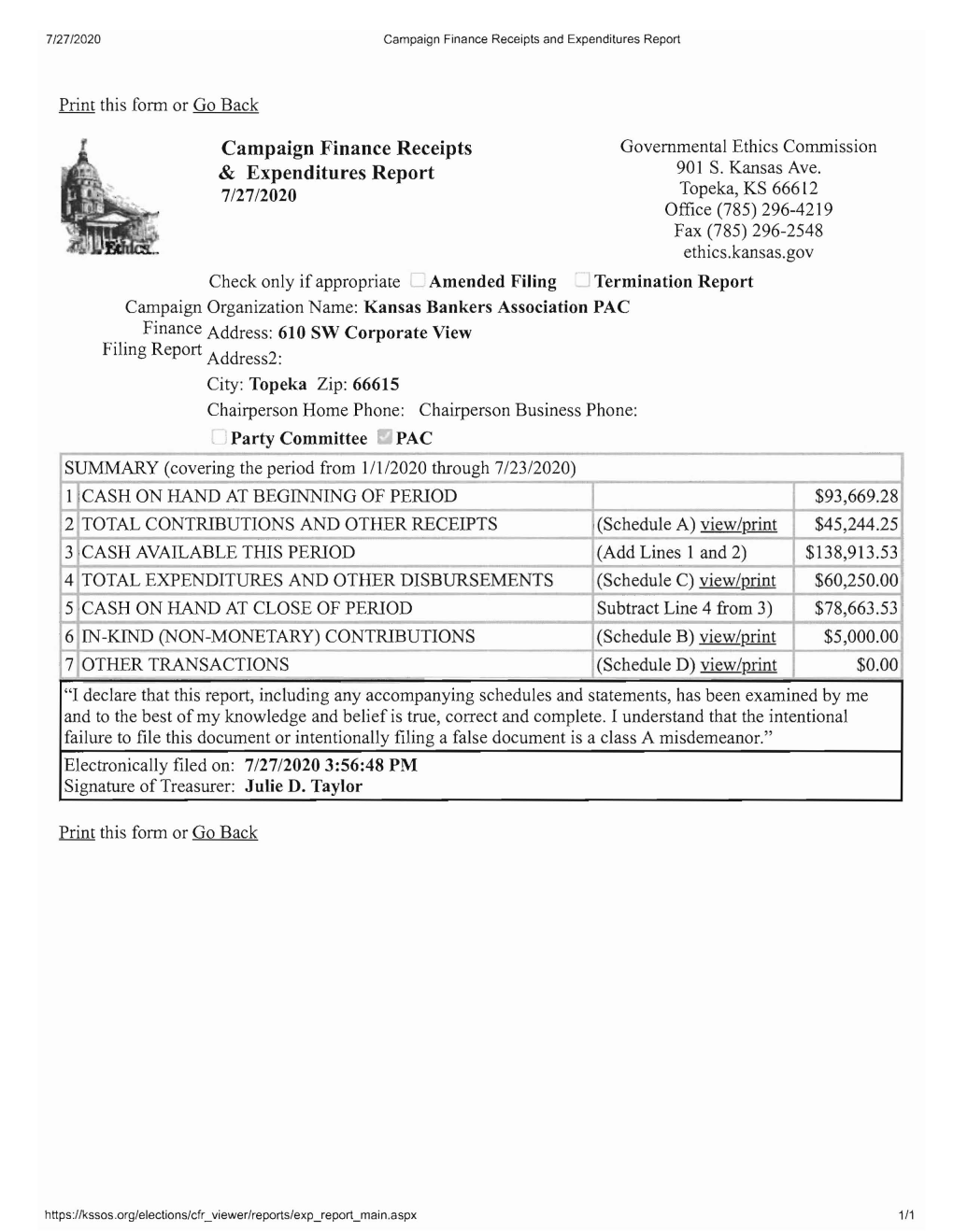 Campaign Finance Receipts & Expenditures Report