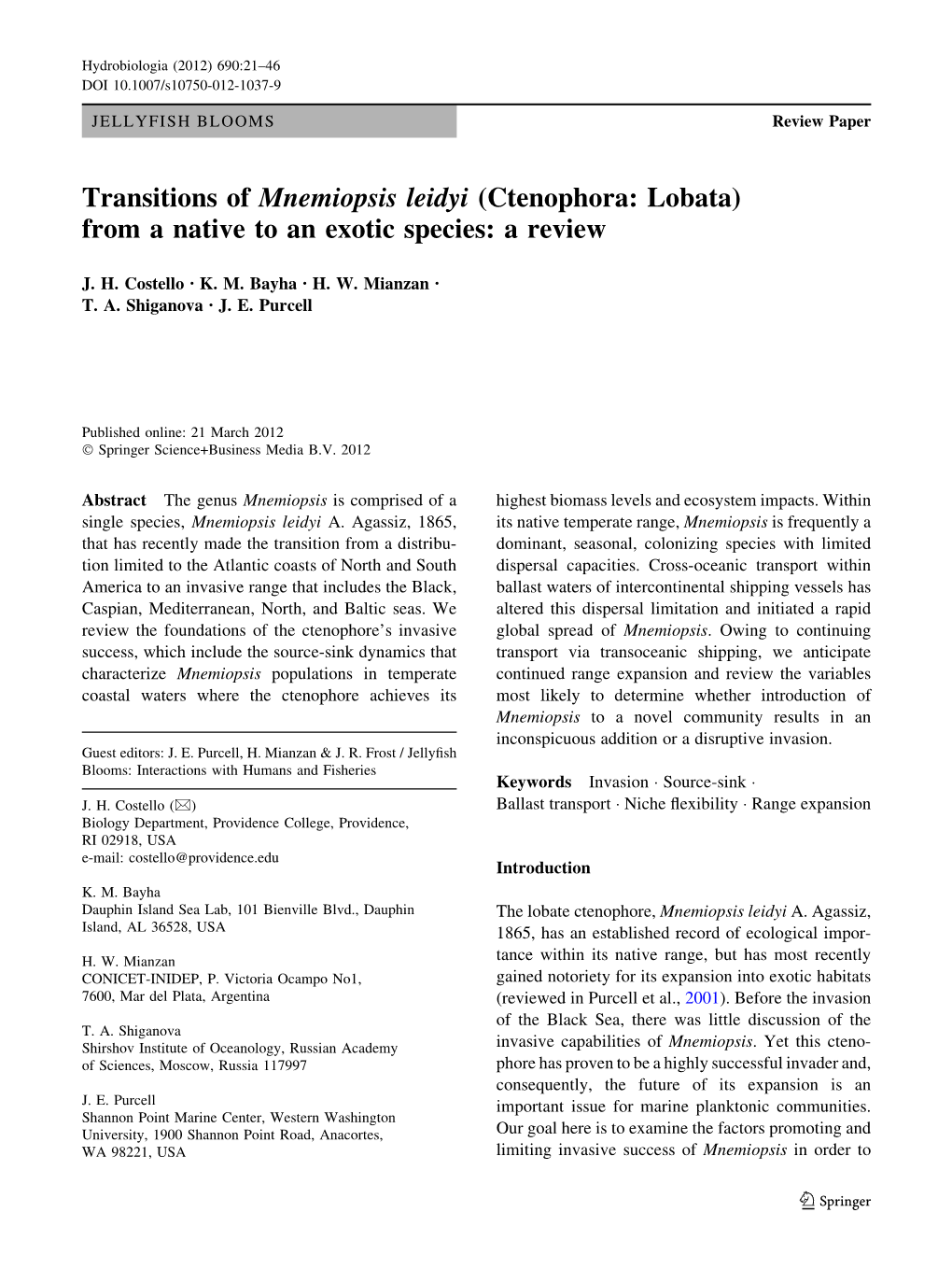 Transitions of Mnemiopsis Leidyi (Ctenophora: Lobata) from a Native to an Exotic Species: a Review