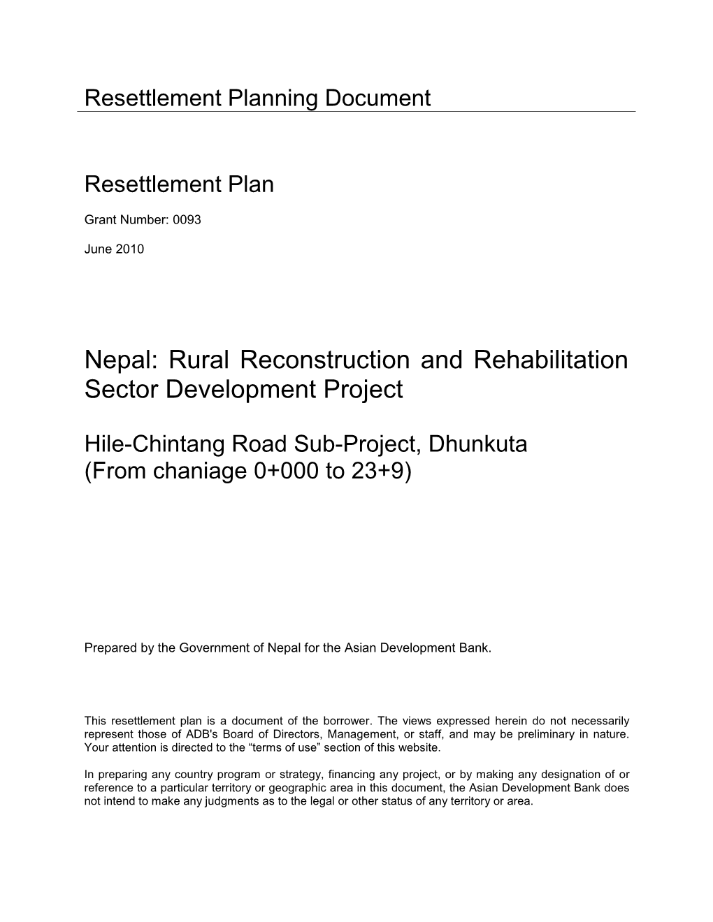 40554-022: Hile-Chintang Road Sub-Project Resettlement Plan