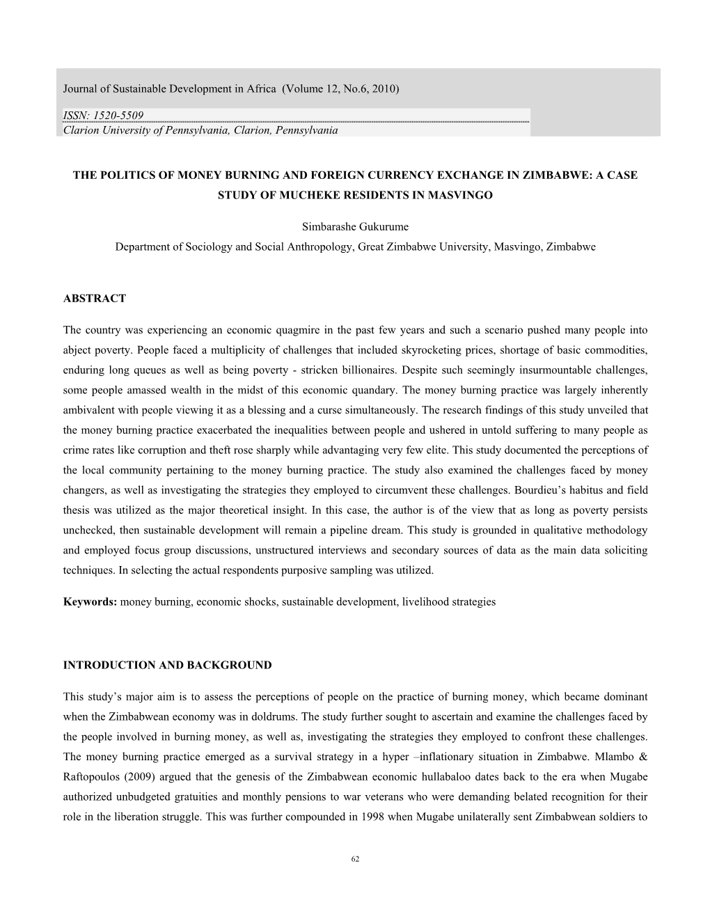 The Politics of Money Burning and Foreign Currency Exchange in Zimbabwe: a Case Study of Mucheke Residents in Masvingo