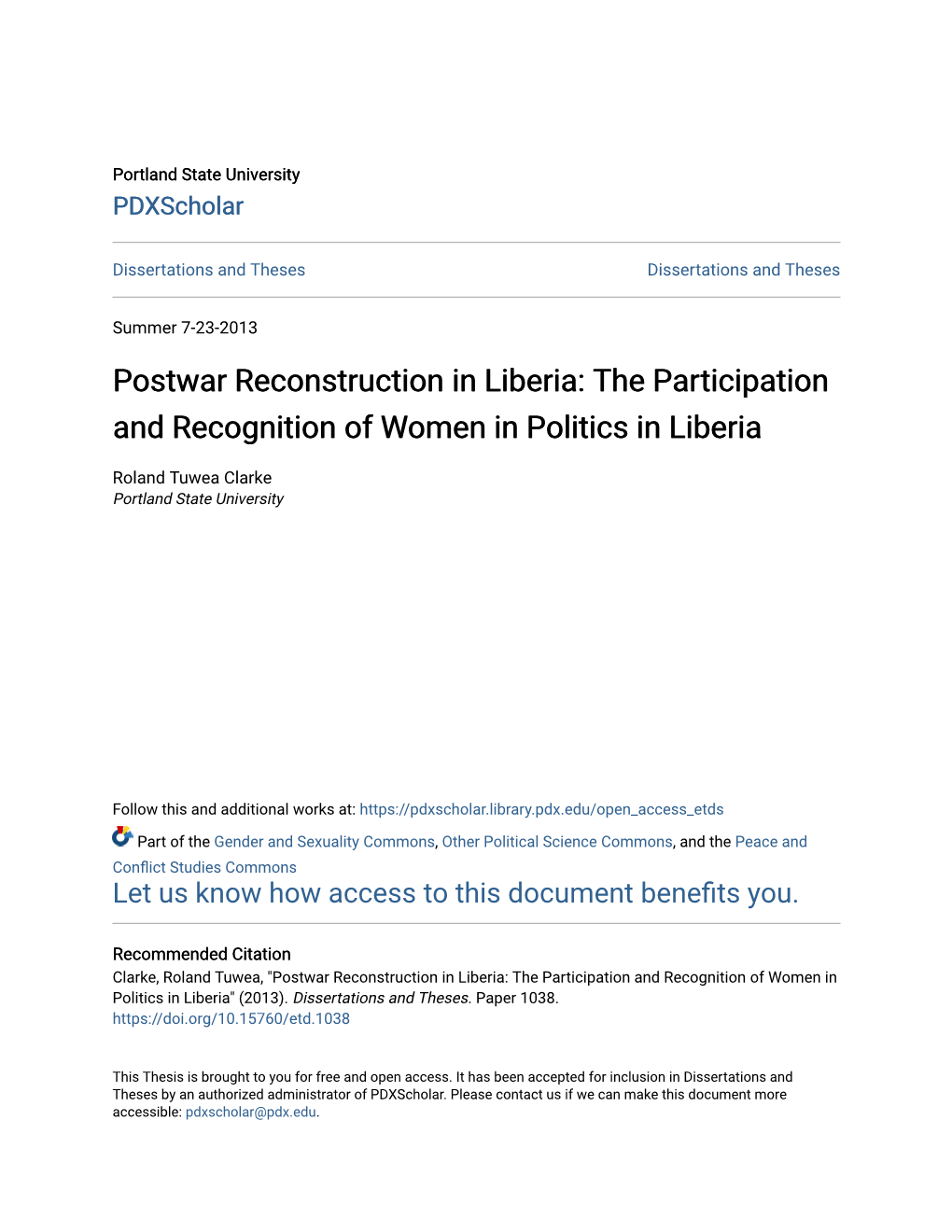 Postwar Reconstruction in Liberia: the Participation and Recognition of Women in Politics in Liberia