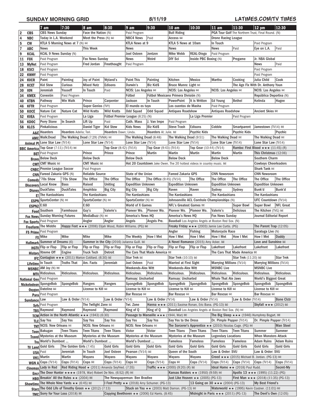 Sunday Morning Grid 8/11/19 Latimes.Com/Tv Times