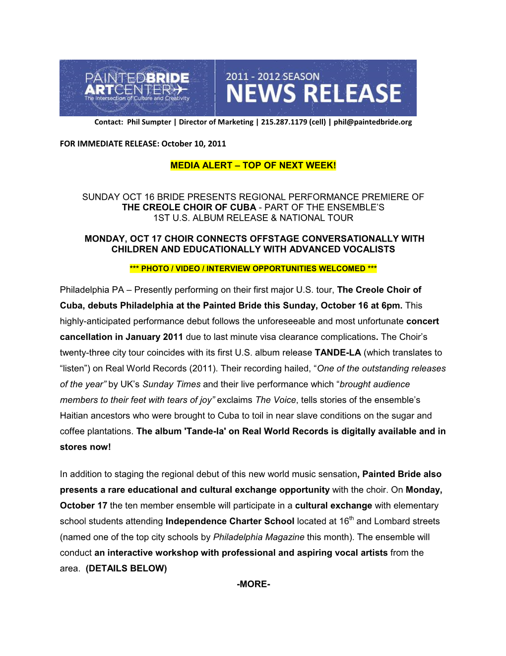 FOR IMMEDIATE RELEASE: October 10, 2011 MEDIA ALERT – TOP OF