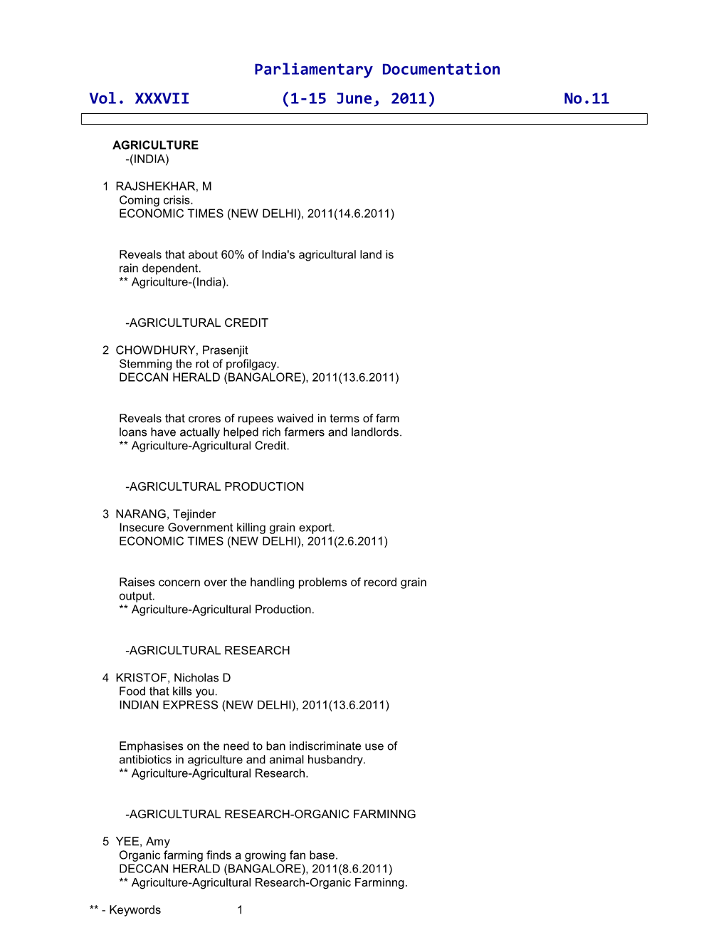 Parliamentary Documentation Vol. XXXVII (1-15 June, 2011) No.11