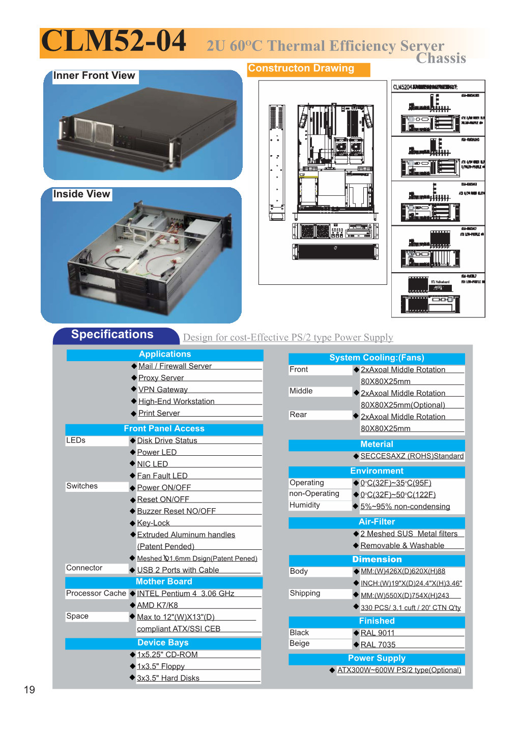 CLM52-04 2U 60OC Thermal Efficiency Server Chassis Constructon Drawing Inner Front View