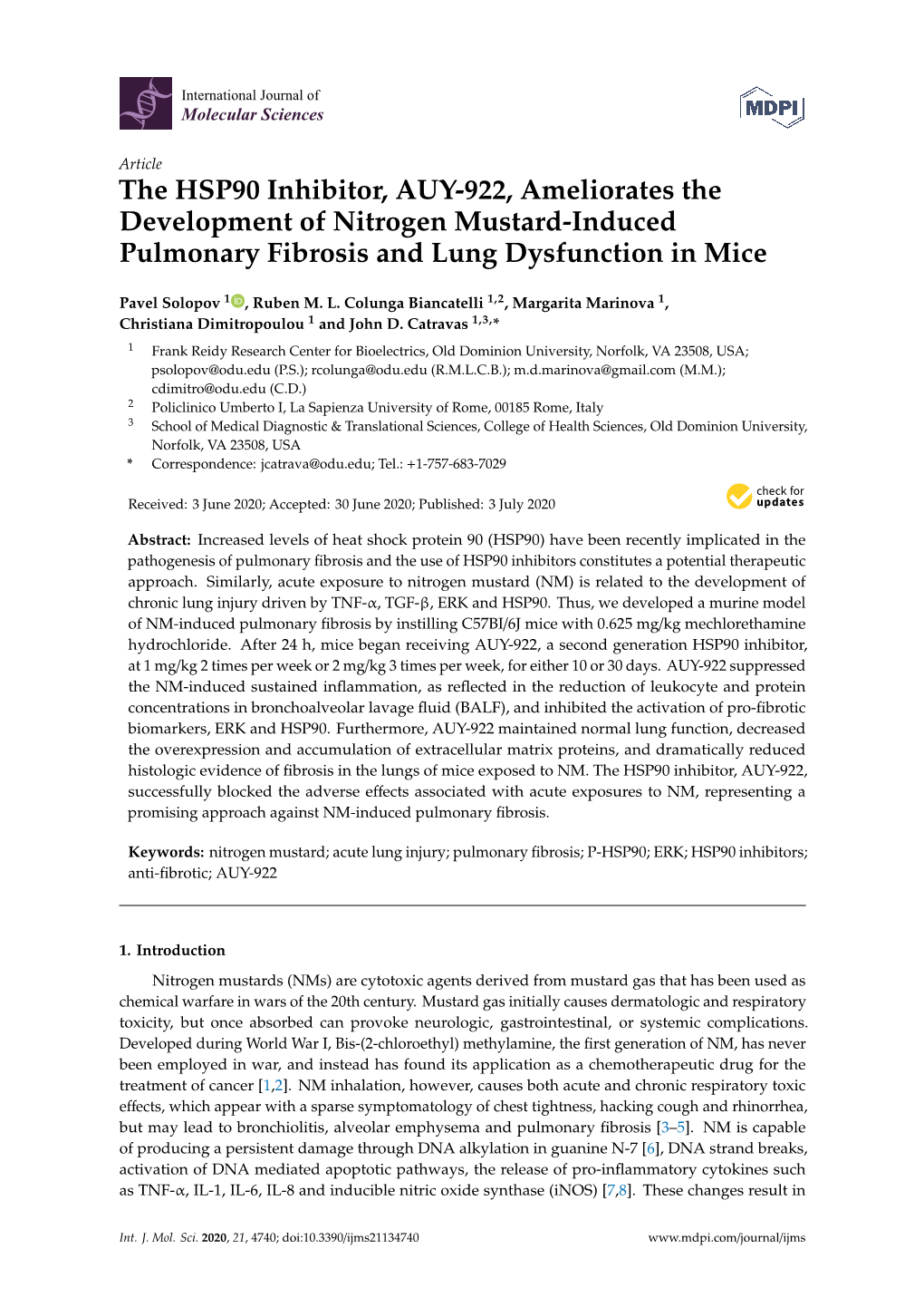 The HSP90 Inhibitor, AUY-922, Ameliorates the Development of Nitrogen Mustard-Induced Pulmonary Fibrosis and Lung Dysfunction in Mice