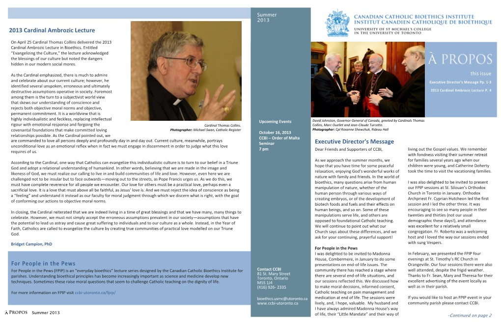 Executive Director's Message 2013 Cardinal Ambrozic Lecture For