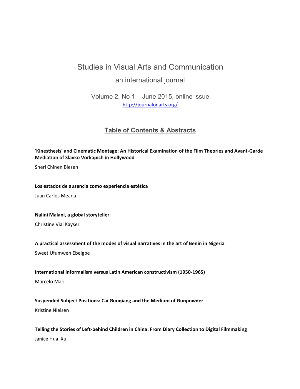 Studies in Visual Arts and Communication an International Journal