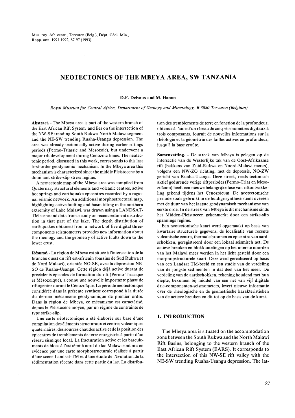 Neotectonics of the Mbeya Area, Sw Tanzania