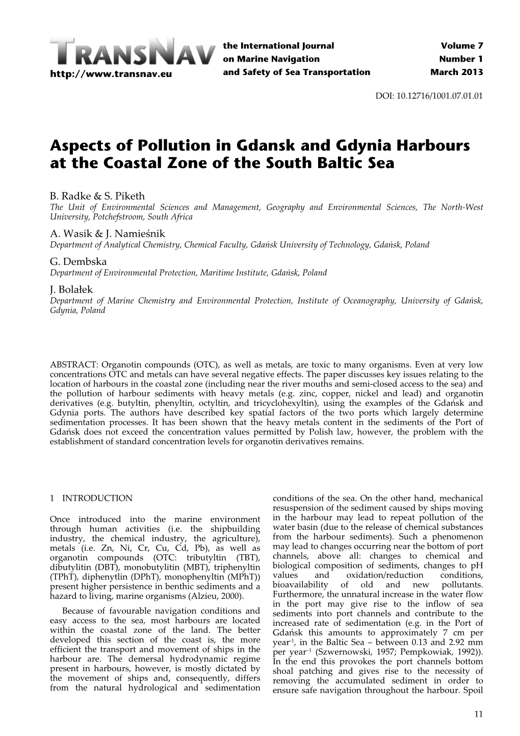 Aspects of Pollution in Gdansk and Gdynia Harbours at the Coastal Zone of the South Baltic Sea