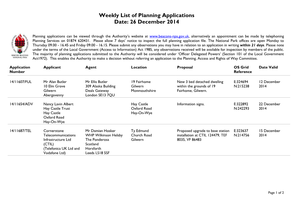 Weekly List of Planning Applications Date: 26 December 2014