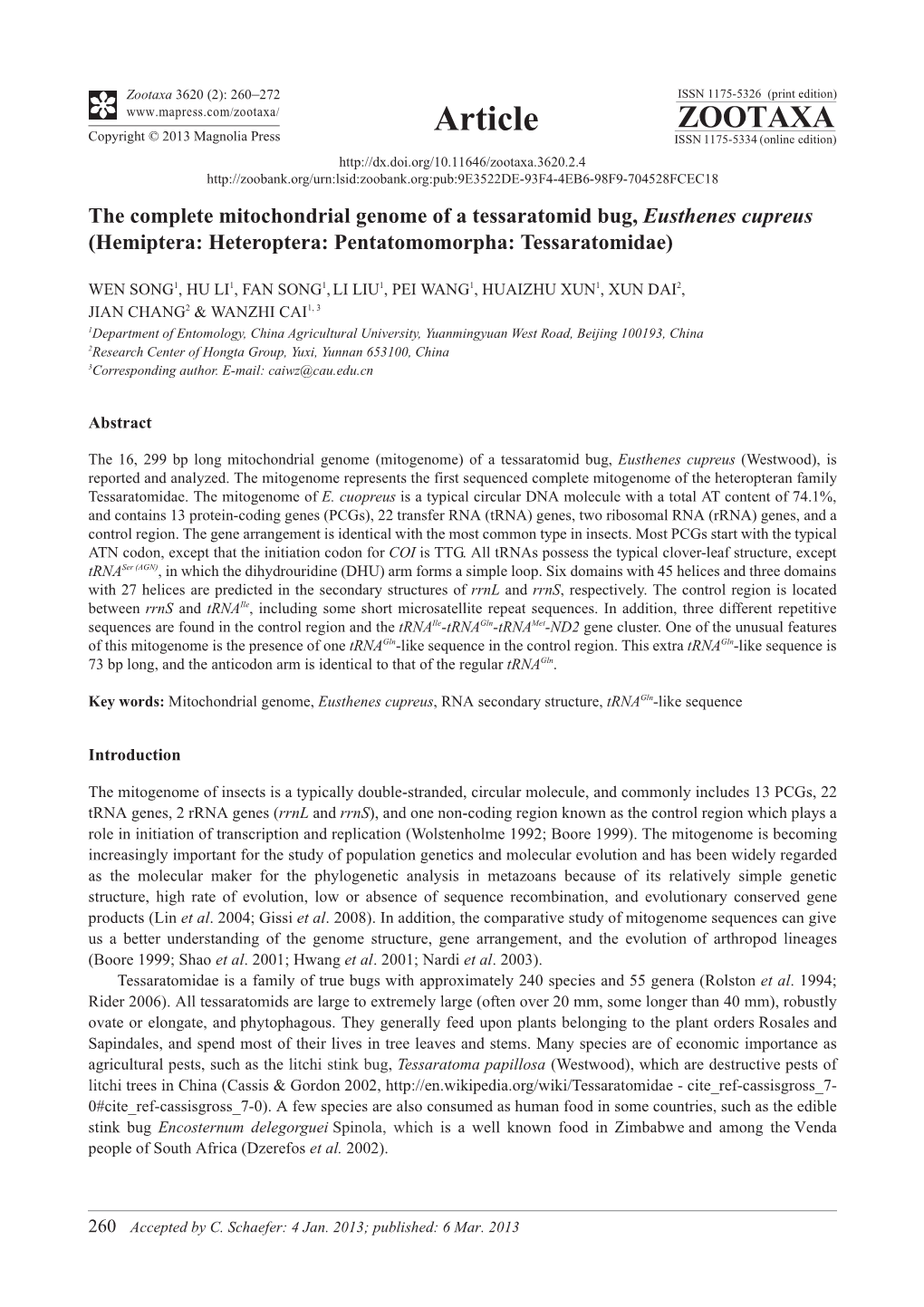 The Complete Mitochondrial Genome of a Tessaratomid Bug, Eusthenes Cupreus (Hemiptera: Heteroptera: Pentatomomorpha: Tessaratomidae)