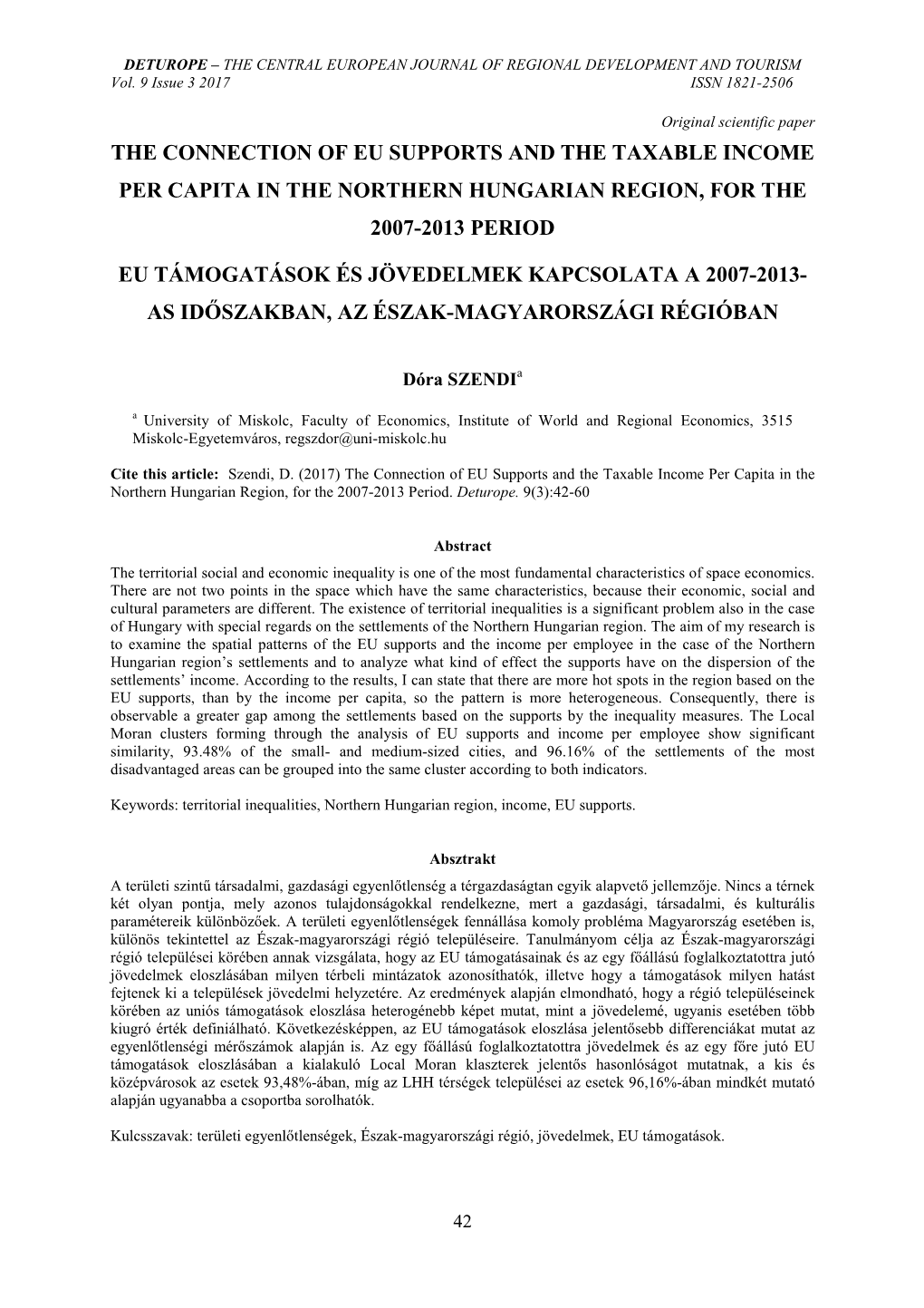 The Connection of Eu Supports and the Taxable Income Per Capita in the Northern Hungarian Region, for the 2007-2013 Period