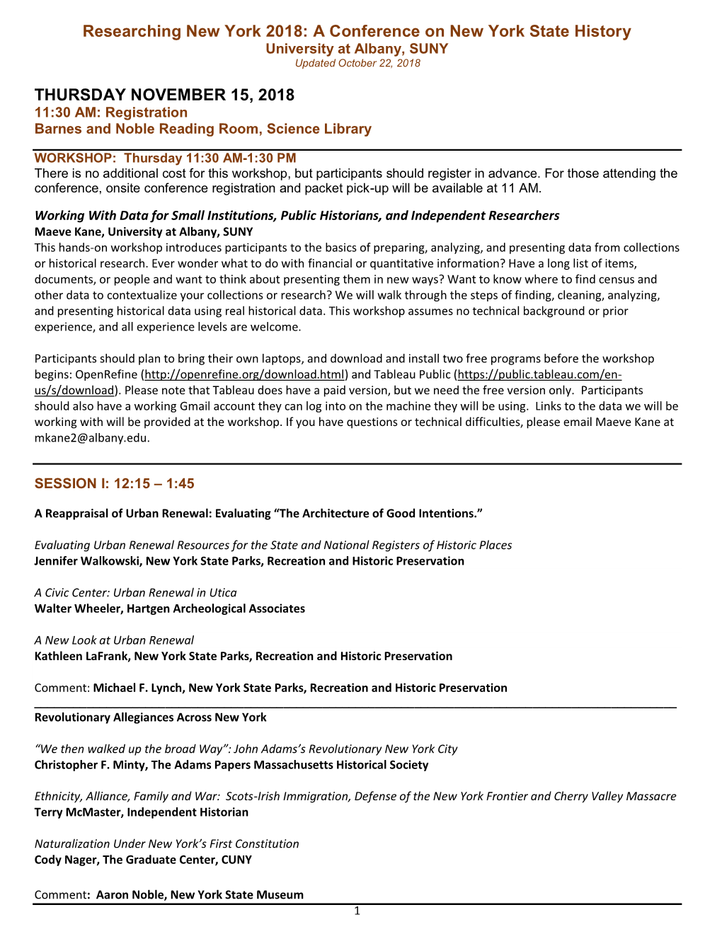 A Conference on New York State History University at Albany, SUNY Updated October 22, 2018