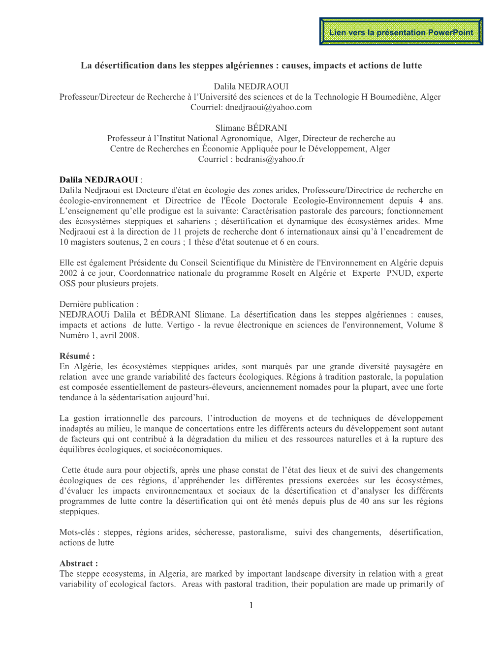 La Désertification Dans Les Steppes Algériennes : Causes, Impacts Et Actions De Lutte