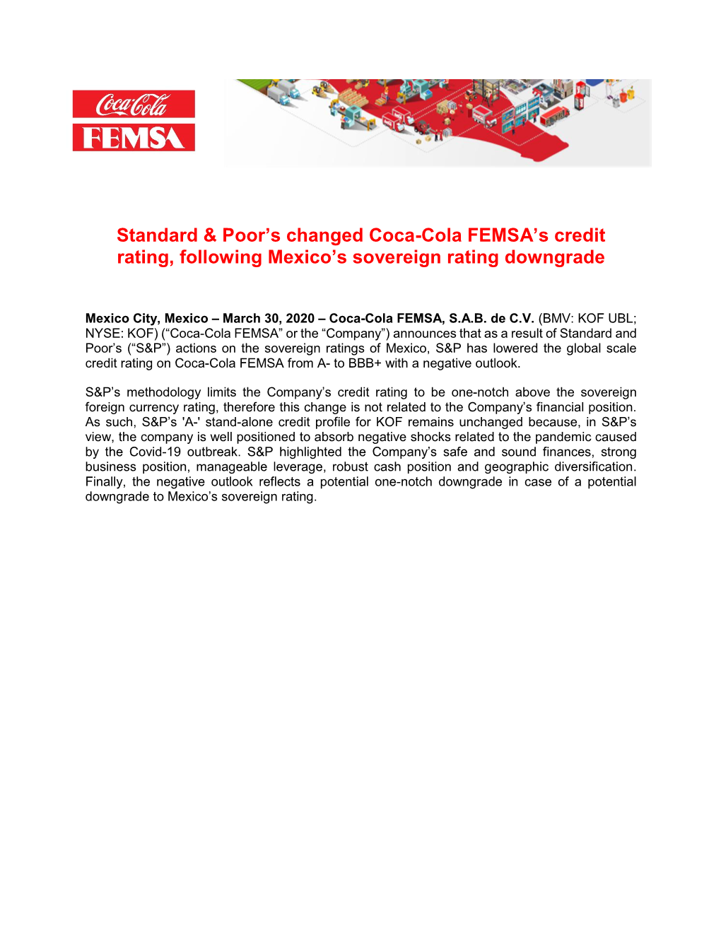 Standard & Poor's Changed Coca-Cola FEMSA's Credit Rating, Following Mexico's Sovereign Rating Downgrade