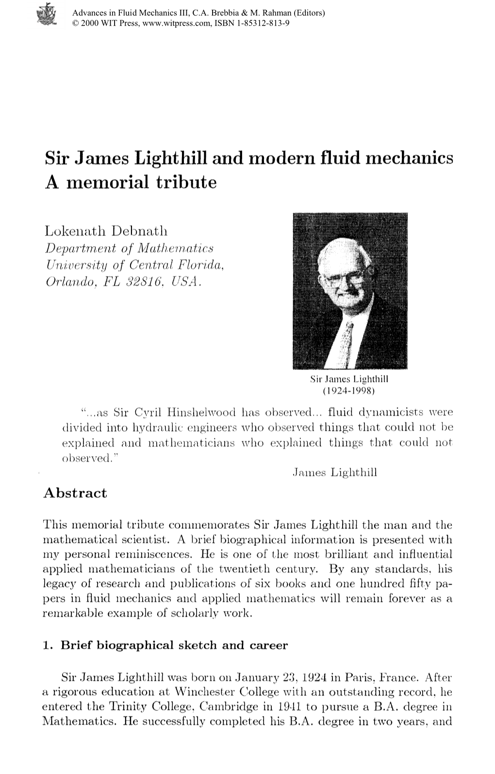 Sir James Lighthill and Modern Fluid Mechanics a Memorial Tribute