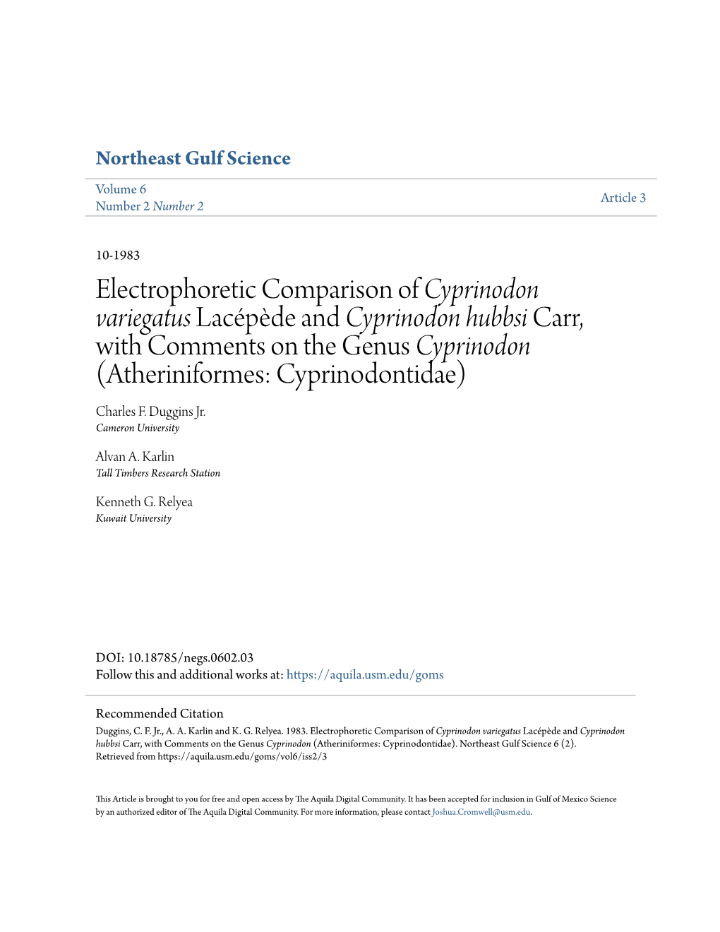 Electrophoretic Comparison of Cyprinodon Variegatus Lacã©Pã