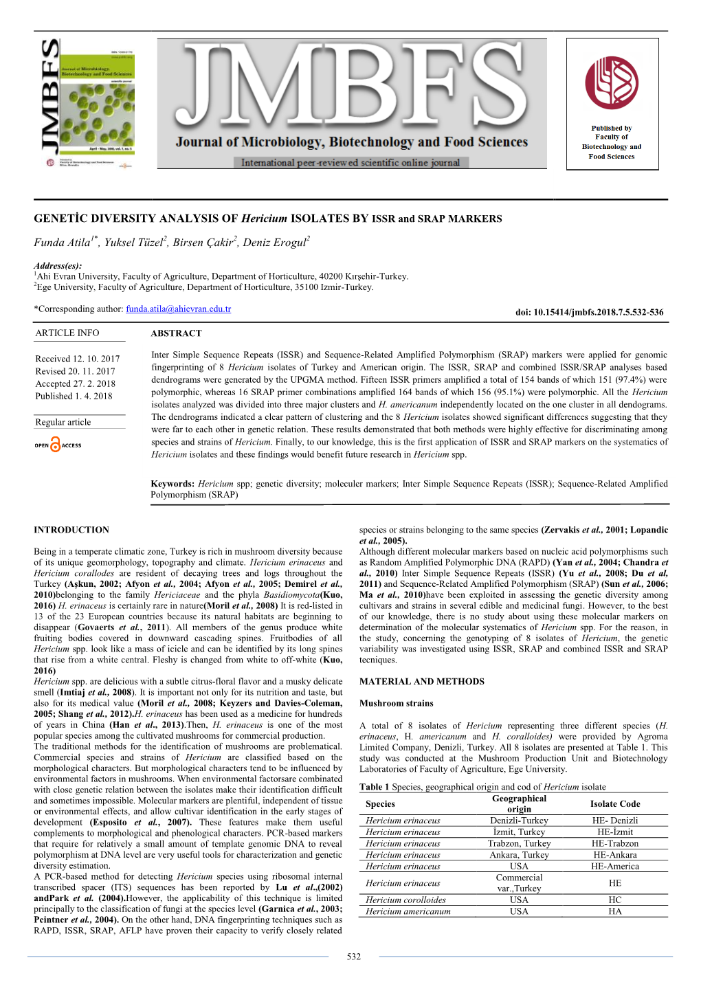 GENETİC DIVERSITY ANALYSIS of Hericium ISOLATES by ISSR and SRAP MARKERS