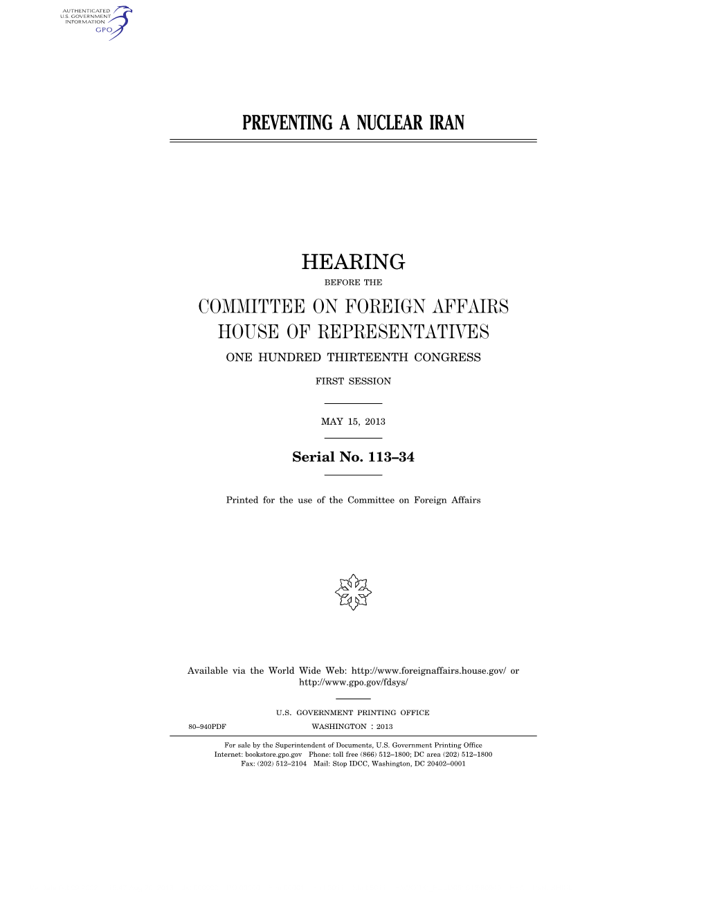 Preventing a Nuclear Iran Hearing Committee on Foreign Affairs House of Representatives