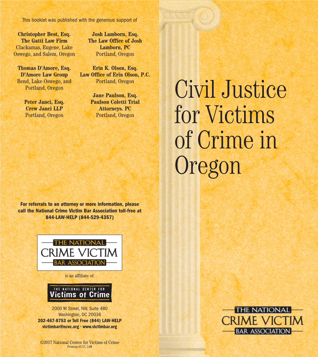 CIVIL JUSTICE for VICTIMS of CRIME in OREGON C1 Civil Justice for Table of Contents Victims of Crime I