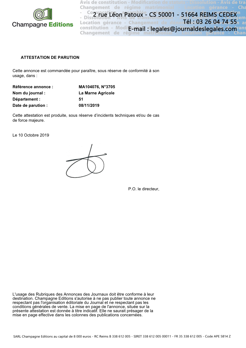 ATTESTATION DE PARUTION Cette Annonce Est