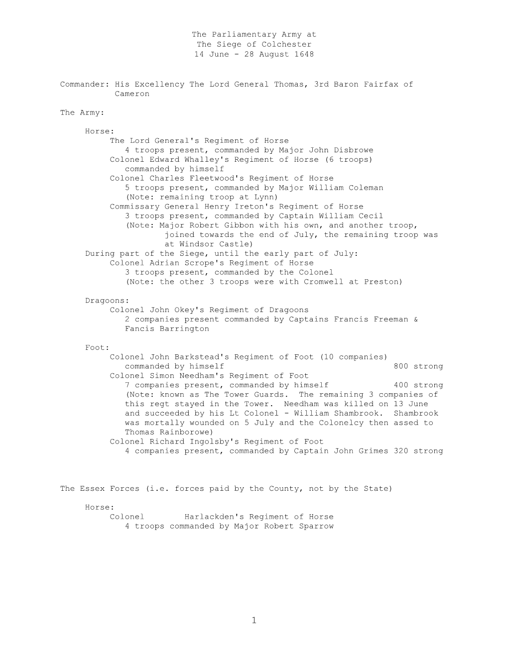 The Parliamentary Army at the Siege of Colchester 14 June - 28 August 1648