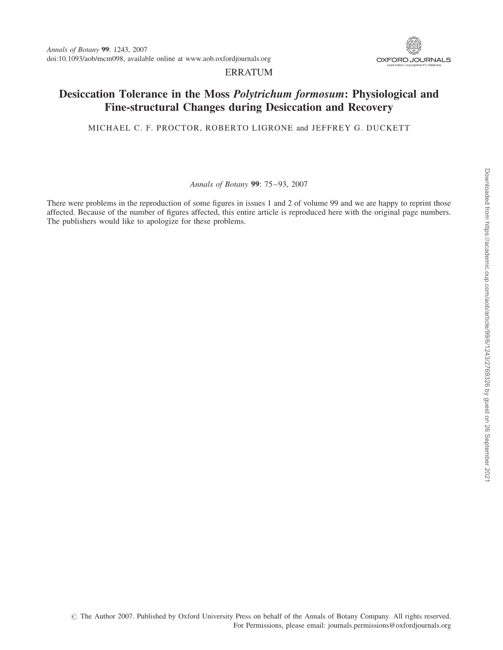 Desiccation Tolerance in the Moss Polytrichum Formosum: Physiological and Fine-Structural Changes During Desiccation and Recovery