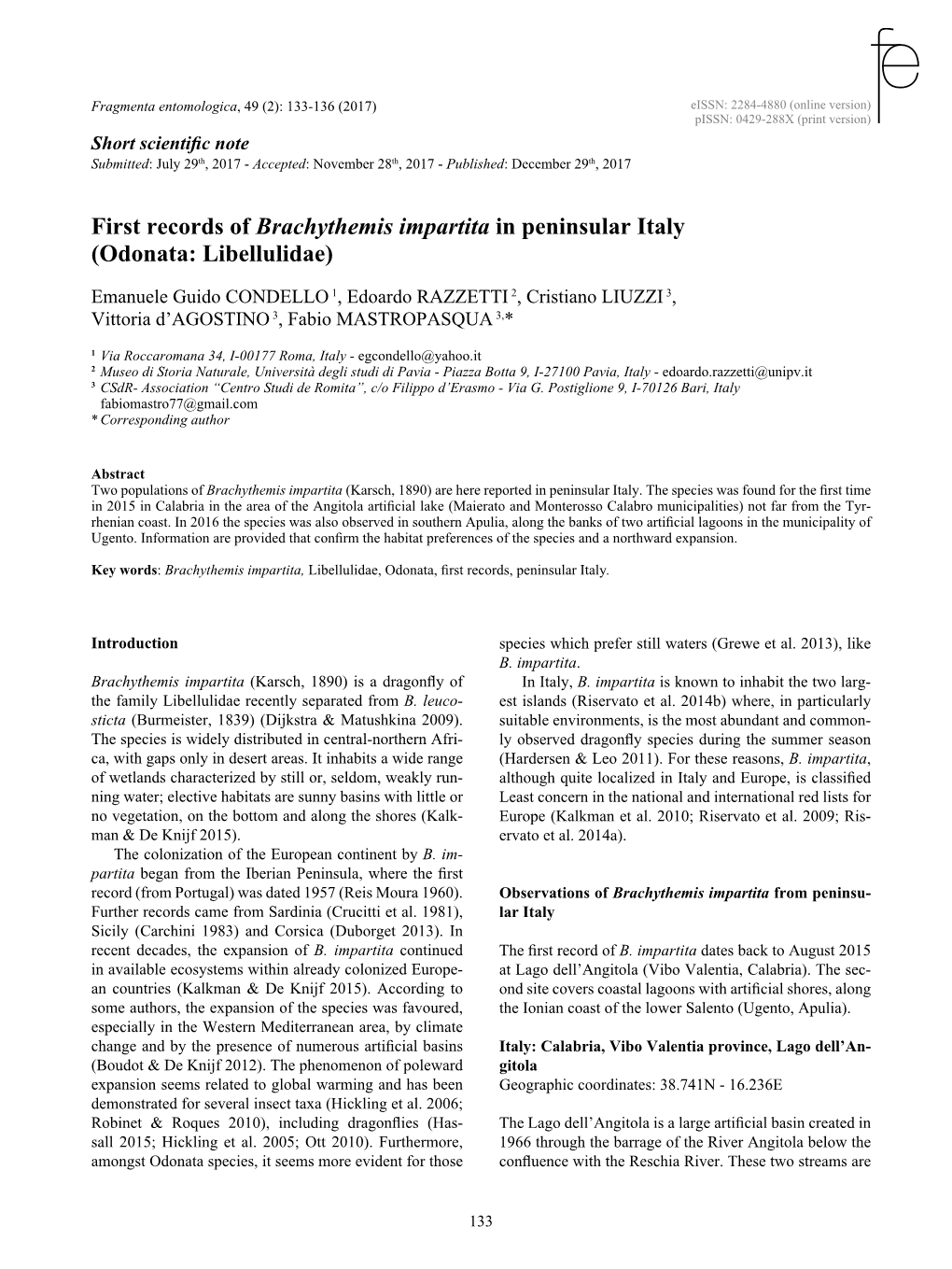 First Records of Brachythemis Impartita in Peninsular Italy (Odonata: Libellulidae)