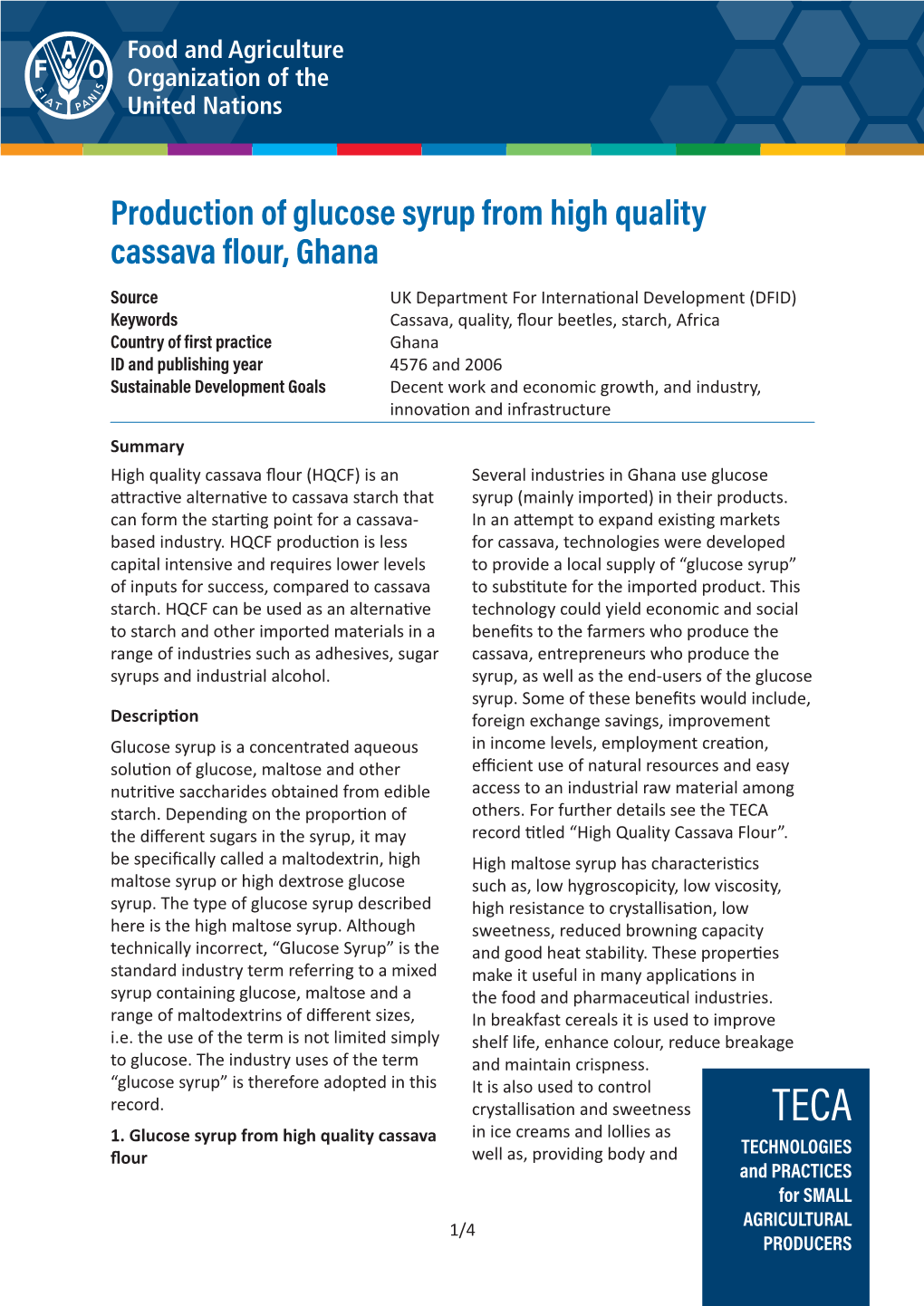 Production of Glucose Syrup from High Quality Cassava Flour, Ghana