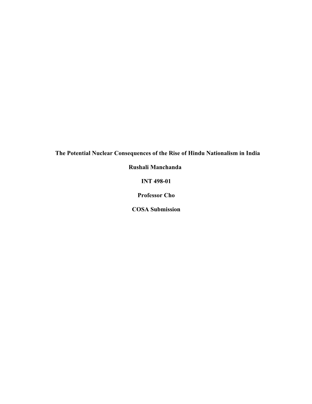 The Potential Nuclear Consequences of the Rise of Hindu Nationalism in India