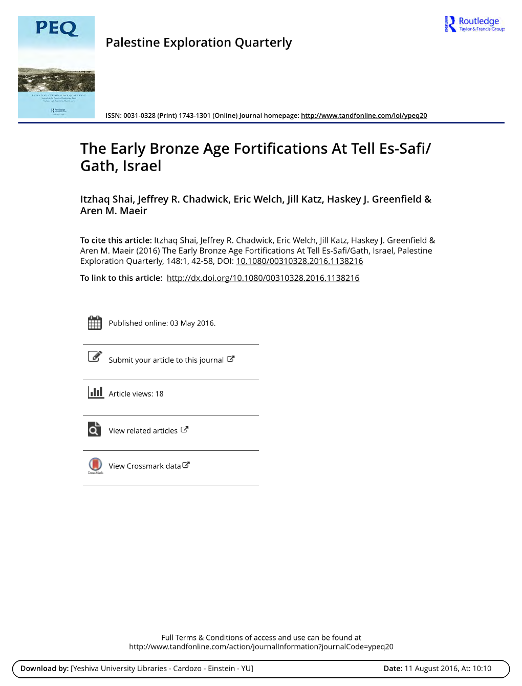 The Early Bronze Age Fortifications at Tell Es-Safi/Gath, Israel, Palestine Exploration Quarterly, 148:1, 42-58, DOI: 10.1080/00310328.2016.1138216