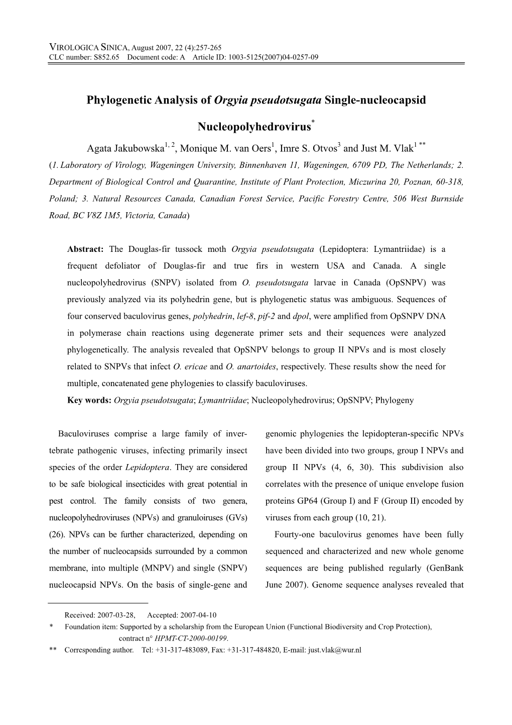 Phylogenetic Analysis of Orgyia Pseudotsugata Single-Nucleocapsid